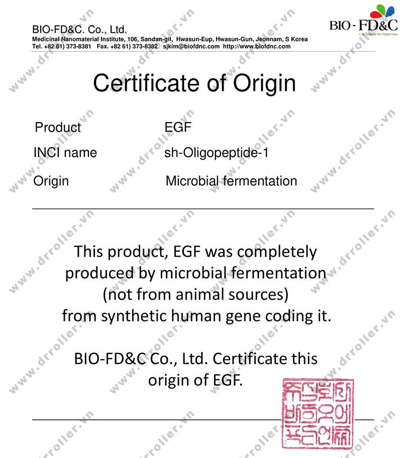 Chứng nhận nguồn gốc và chất lượng của EGF trong SERUM EGF CAO CẤP DOCTOR A+