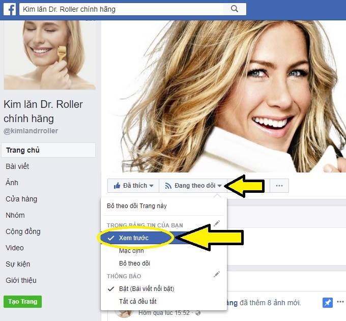 Bật chế độ theo dõi Facebook Dr. Roller chính hãng