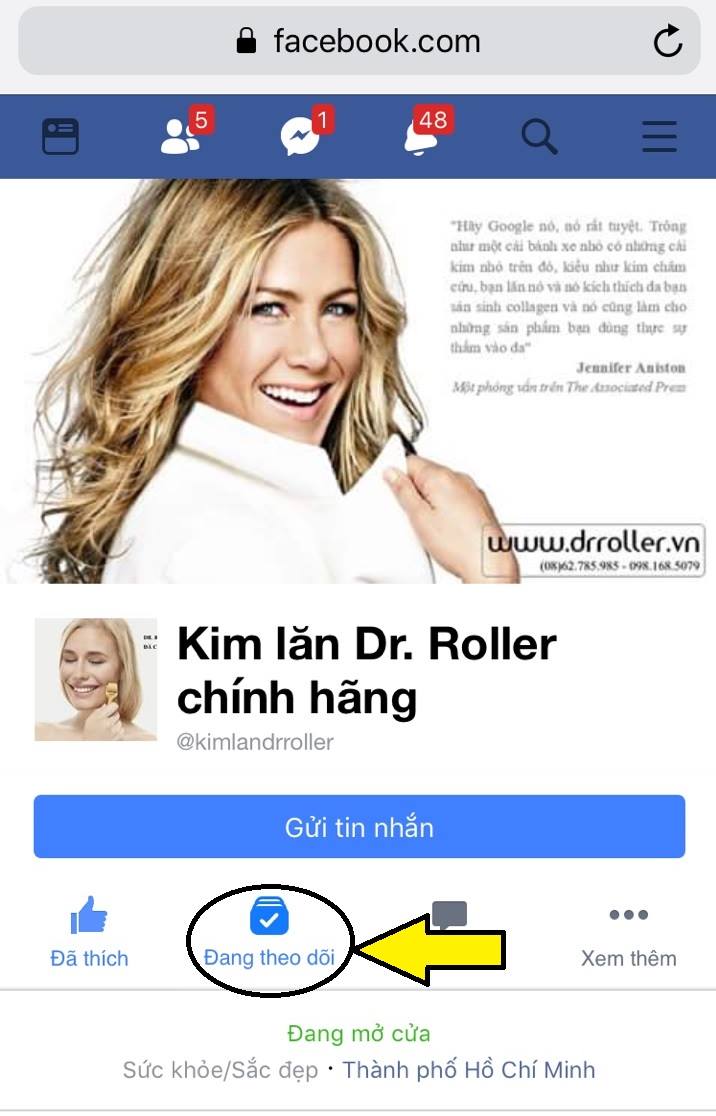 Bật chế độ theo dõi Facebook Dr. Roller chính hãng trên mobile